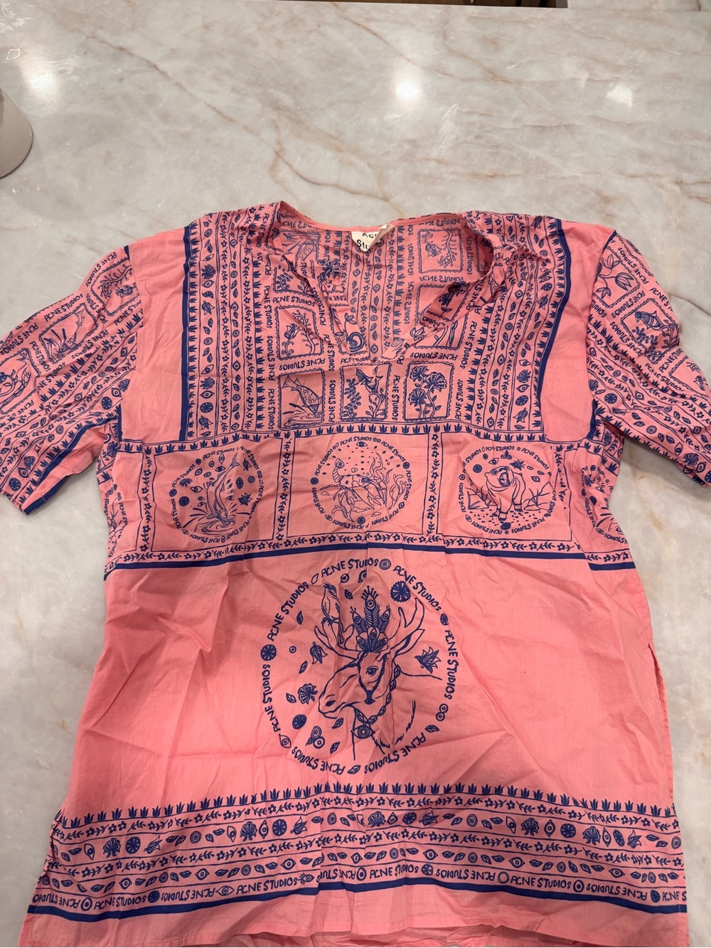 Acne Studios Pink Tunic with Navy Botanical & Deer Print